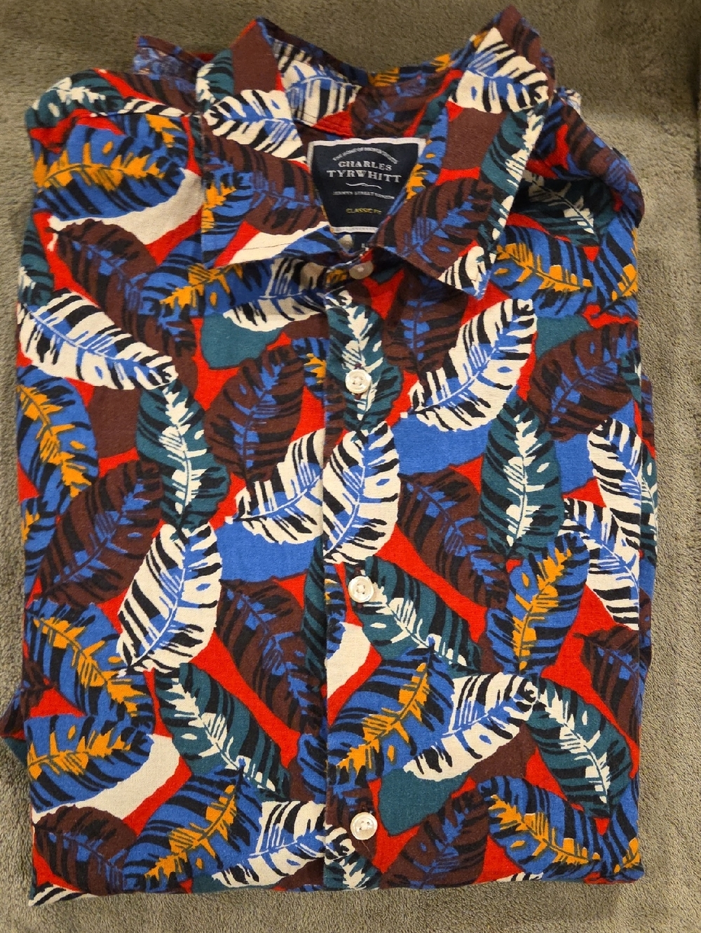 Charles Tyrwhitt Leaf-Print Button-Up in Red, Blue, Teal, White, Mustard, Large